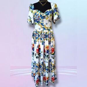 Floral Print Dress with Blue and Red Accents